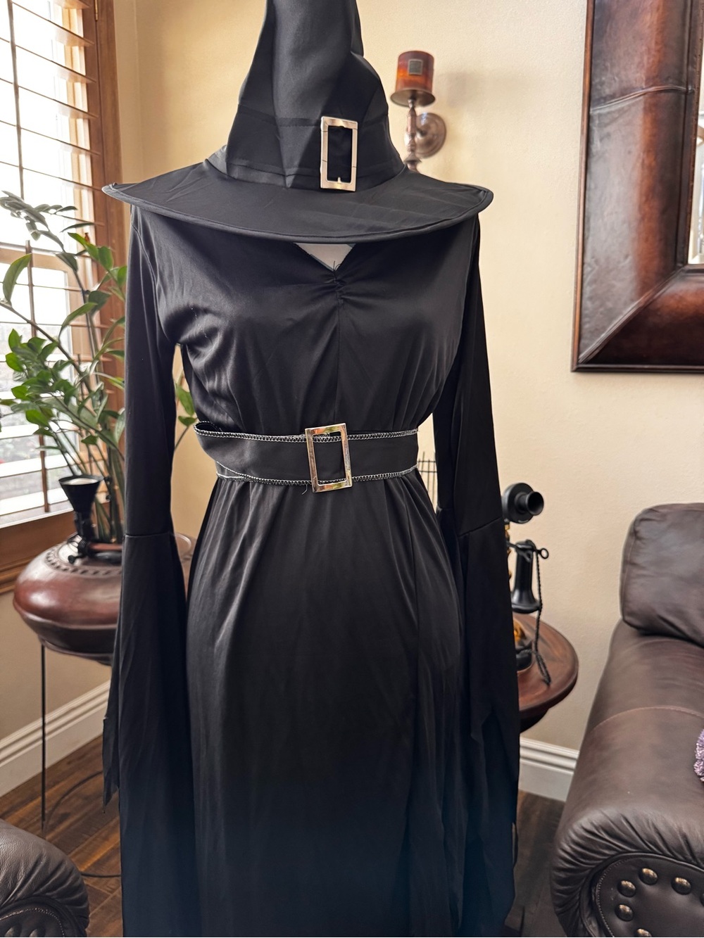 “Gothic” V-Neck Belted Adult Witch Costume Dress with matching witch hat